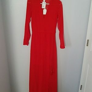 Red, sheer, long sleeve dress